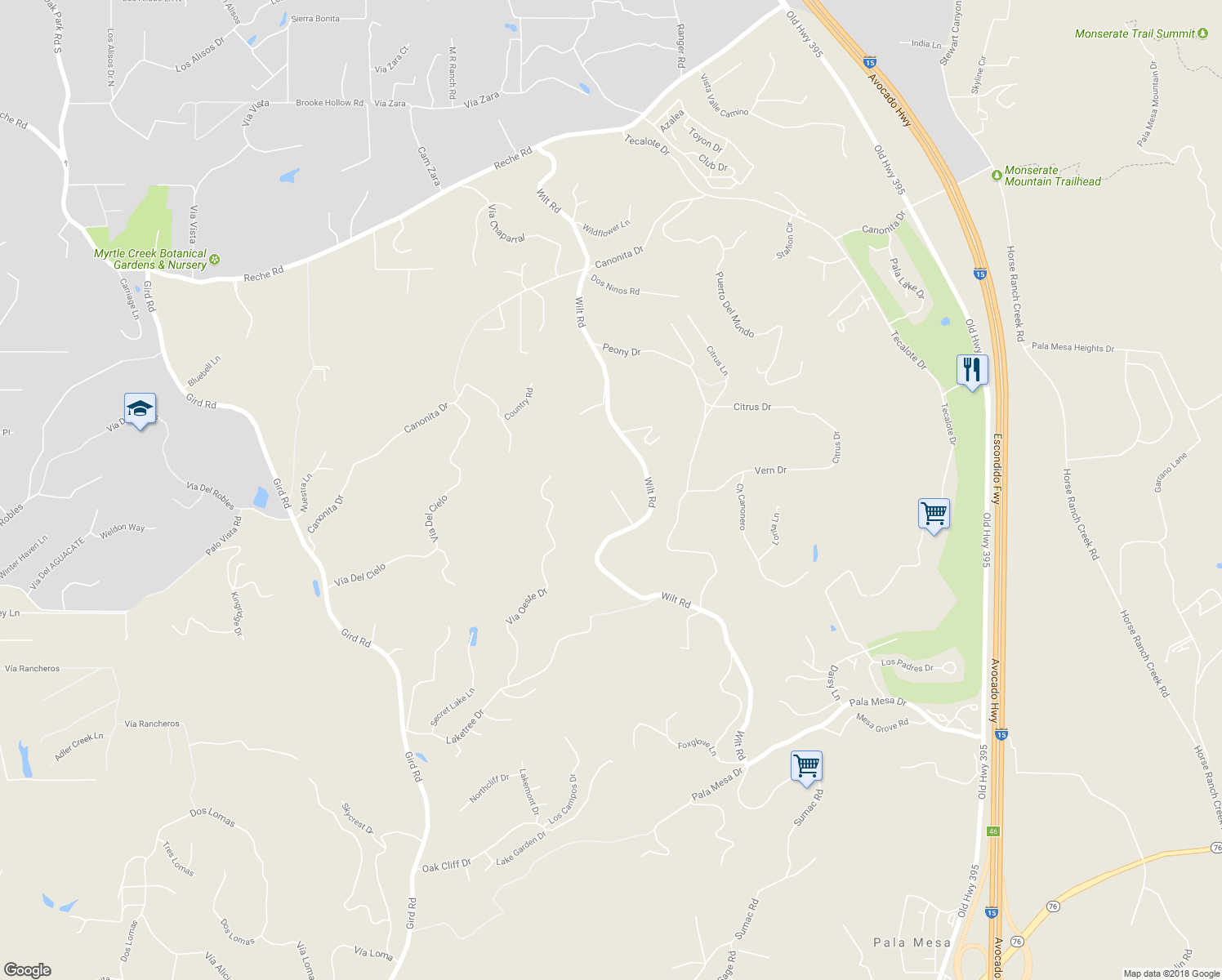 map of restaurants, bars, coffee shops, grocery stores, and more near Lupine Lane in Fallbrook