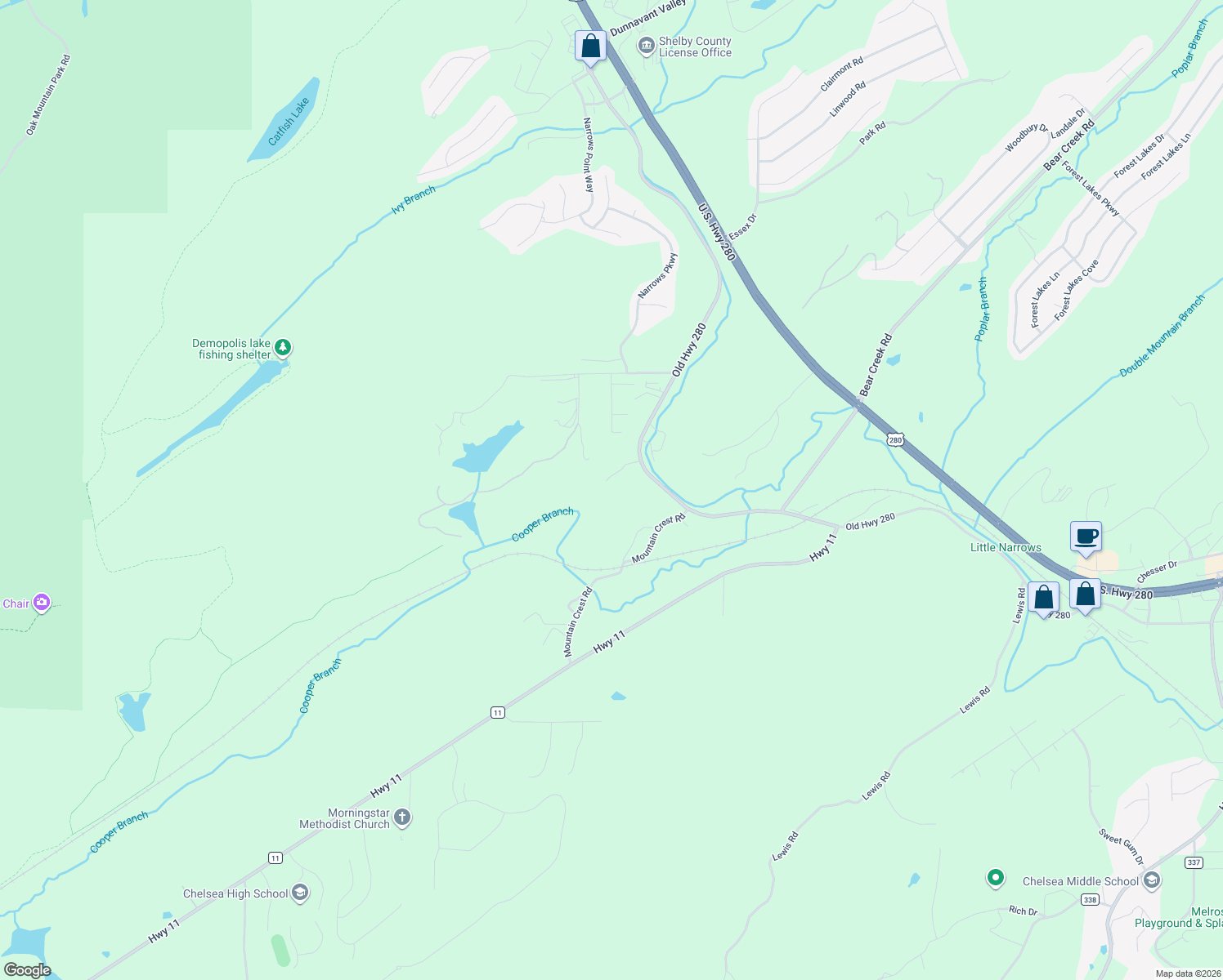 map of restaurants, bars, coffee shops, grocery stores, and more near 12133 Old Highway 280 in Chelsea