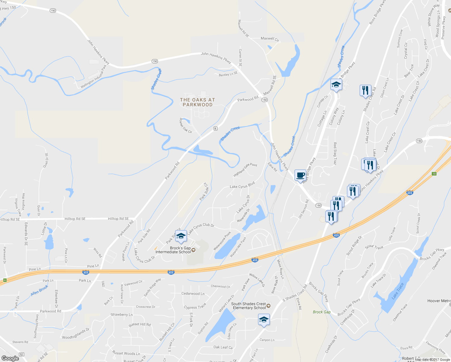 map of restaurants, bars, coffee shops, grocery stores, and more near 1547 Highland Gate Point in Hoover