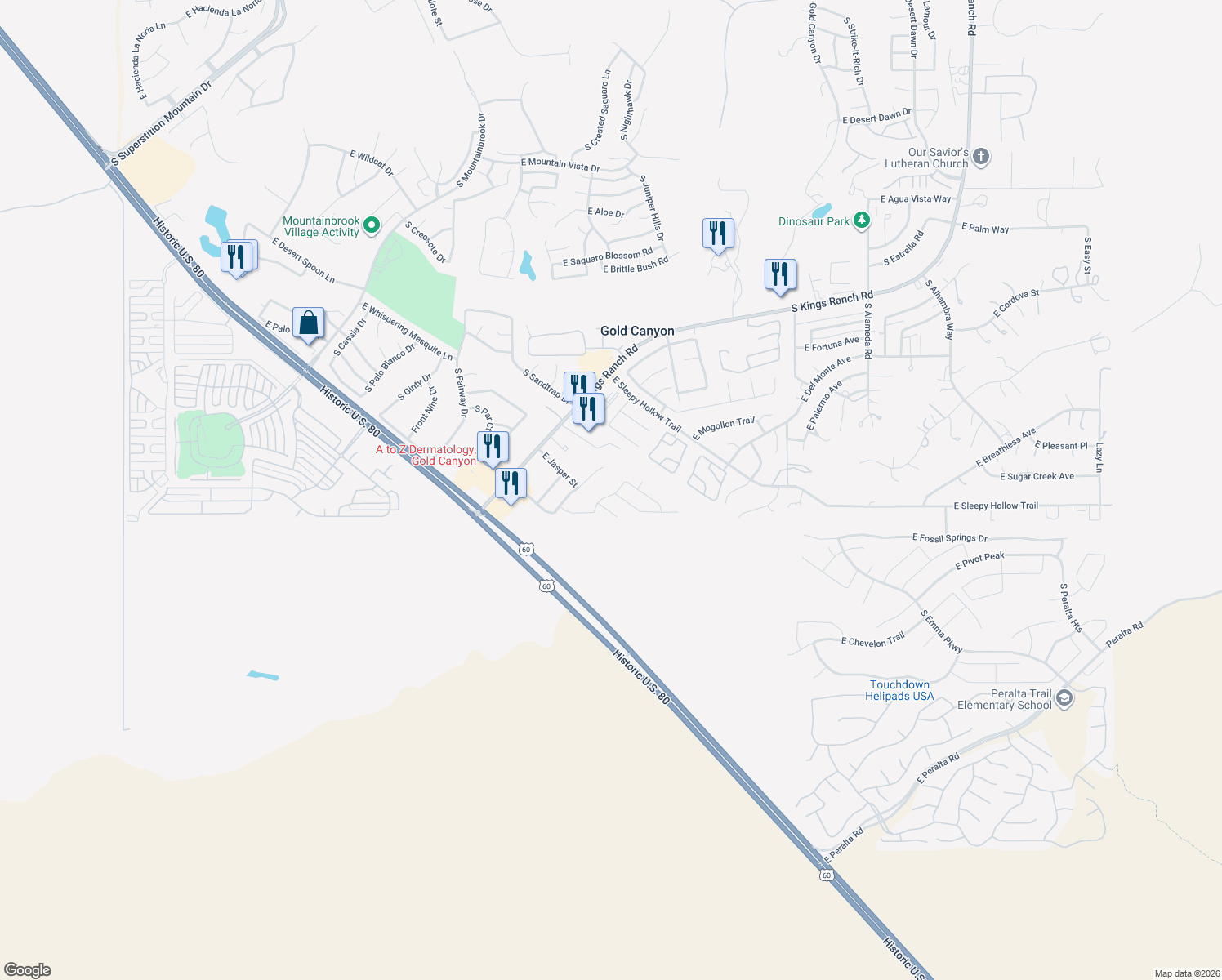 map of restaurants, bars, coffee shops, grocery stores, and more near 6878 South Evening Glow Place in Gold Canyon