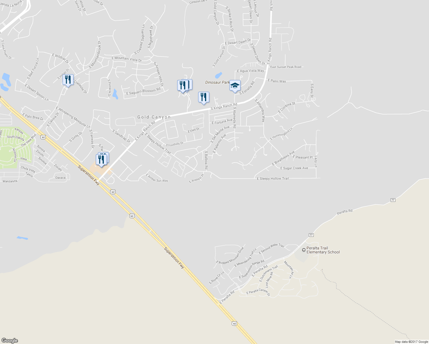 map of restaurants, bars, coffee shops, grocery stores, and more near 9736 East Sleepy Hollow Trail in Gold Canyon