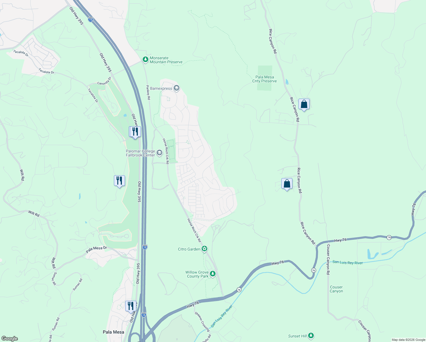 map of restaurants, bars, coffee shops, grocery stores, and more near 35335 Ponderosa Place in Fallbrook