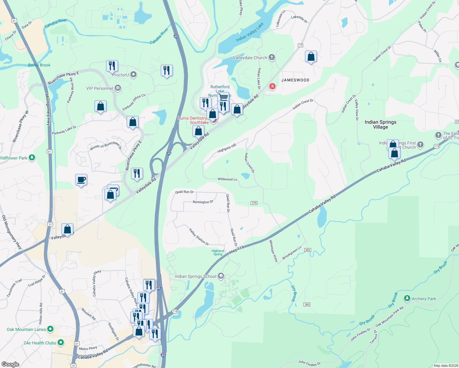 map of restaurants, bars, coffee shops, grocery stores, and more near 277 Wildwood Ln in Indian Springs Village