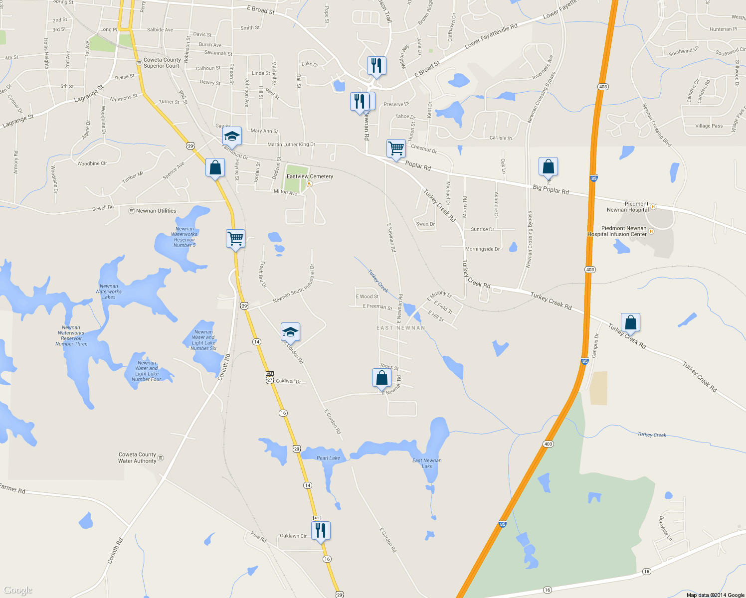 map of restaurants, bars, coffee shops, grocery stores, and more near 94 East Wood Street in Newnan