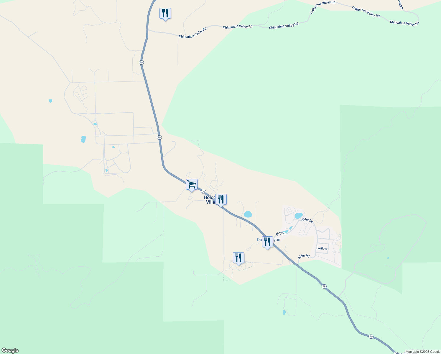 map of restaurants, bars, coffee shops, grocery stores, and more near 35313 Peralta Drive in Warner Springs