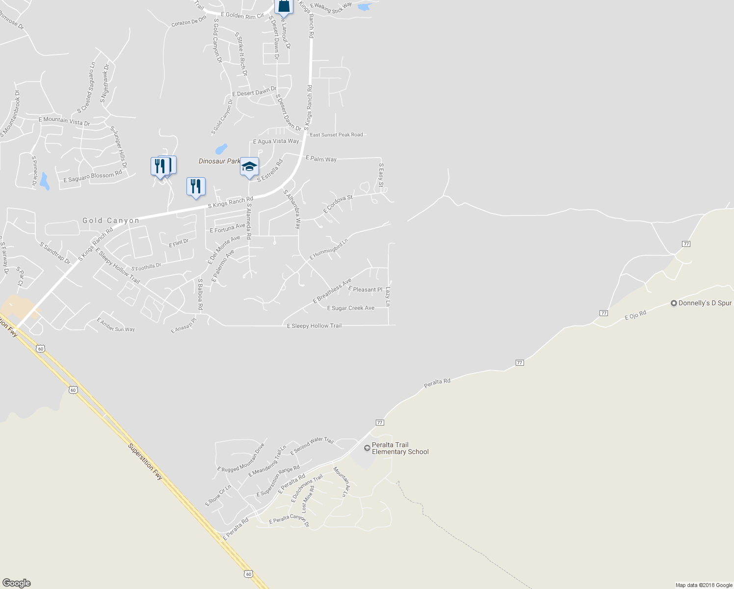 map of restaurants, bars, coffee shops, grocery stores, and more near 10995 East Pleasant Place in Gold Canyon