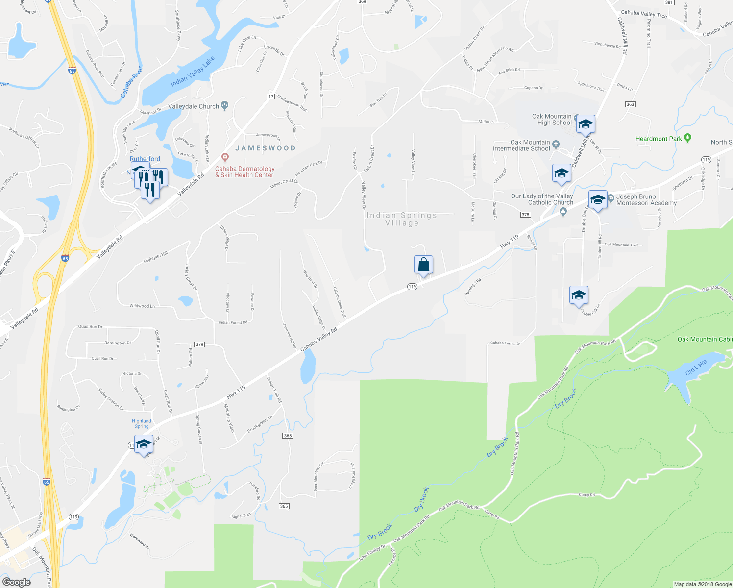 map of restaurants, bars, coffee shops, grocery stores, and more near 61 Valley View Road in Pelham