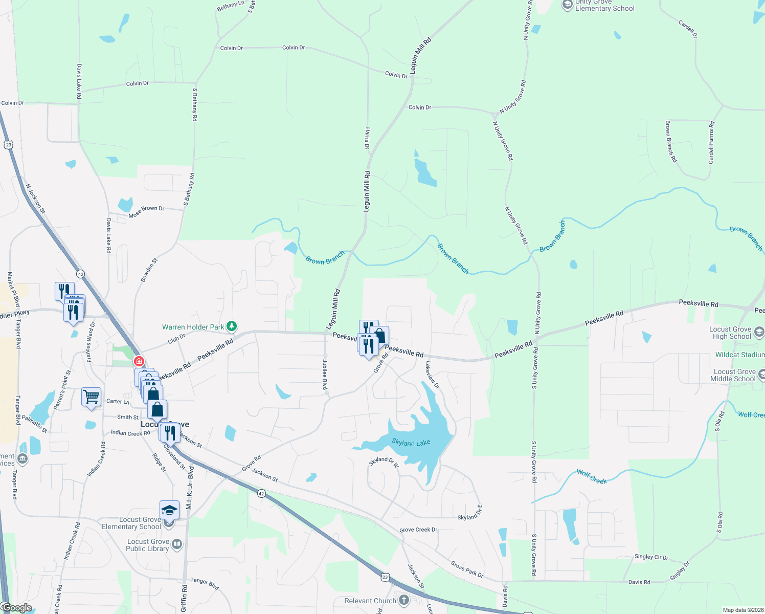 map of restaurants, bars, coffee shops, grocery stores, and more near 929 Gettysburg Way in Locust Grove