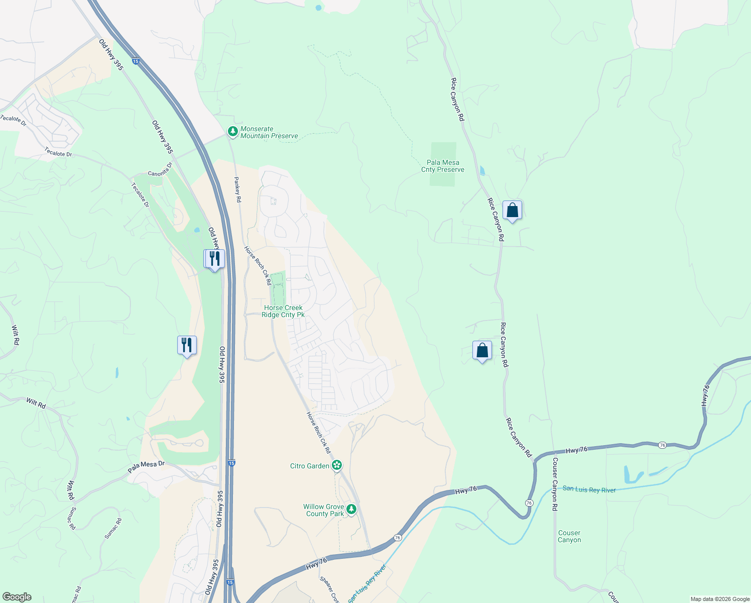 map of restaurants, bars, coffee shops, grocery stores, and more near 721 Meadowood Street in Fallbrook