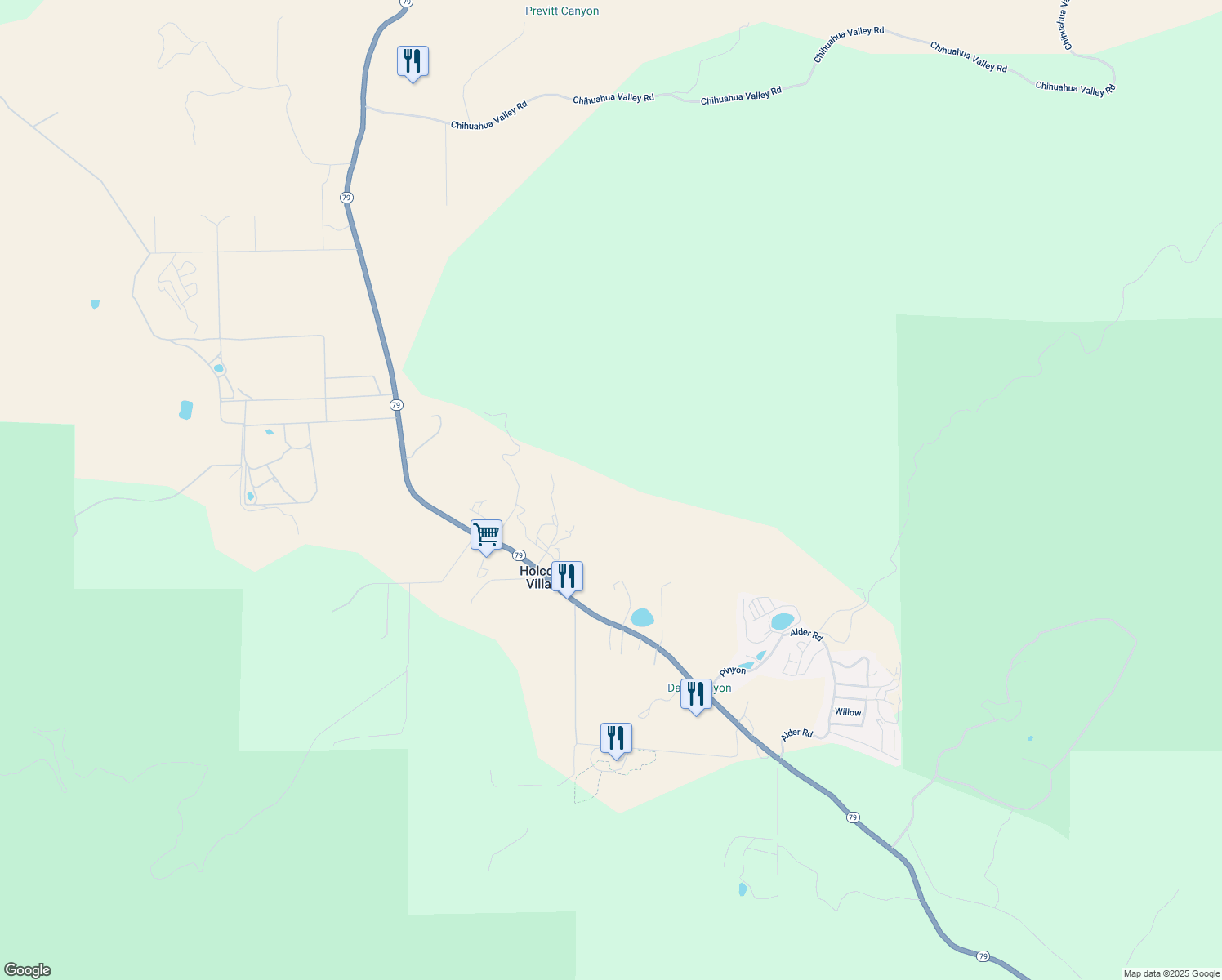 map of restaurants, bars, coffee shops, grocery stores, and more near 35313 Peralta Drive in Warner Springs