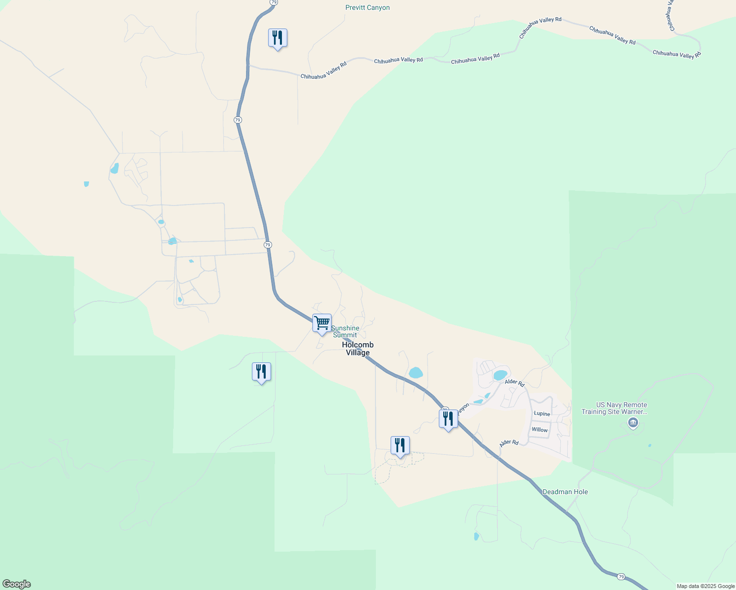map of restaurants, bars, coffee shops, grocery stores, and more near 35335 Peralta Drive in Warner Springs