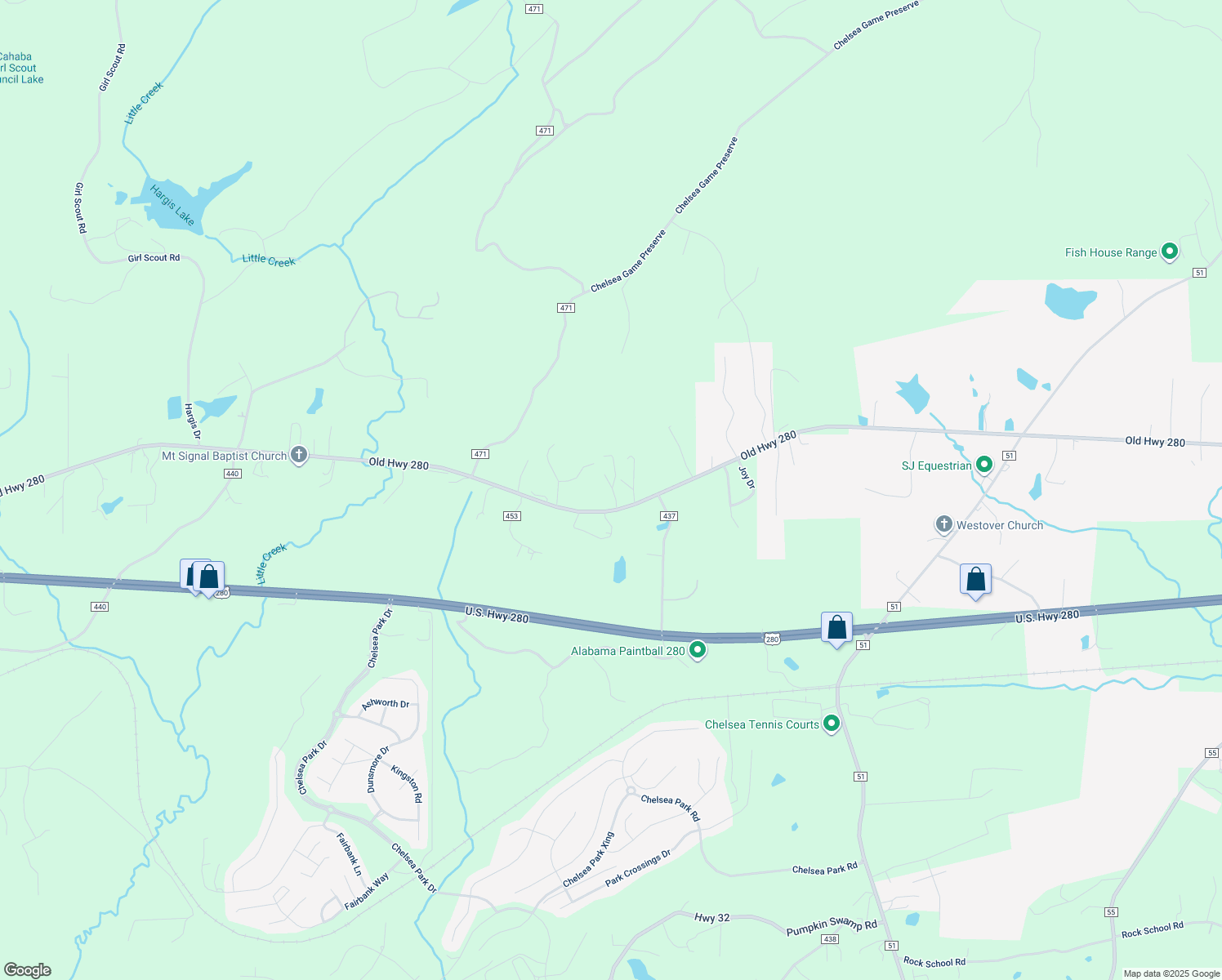 map of restaurants, bars, coffee shops, grocery stores, and more near 6508 Old Highway 280 in Sterrett