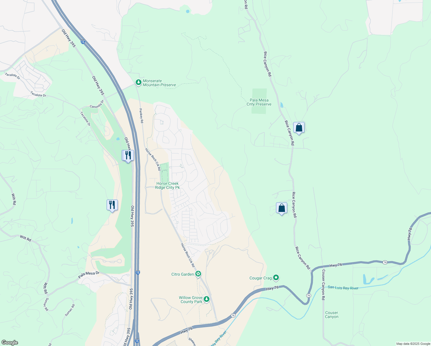 map of restaurants, bars, coffee shops, grocery stores, and more near 35505 Orchard Trails in Fallbrook