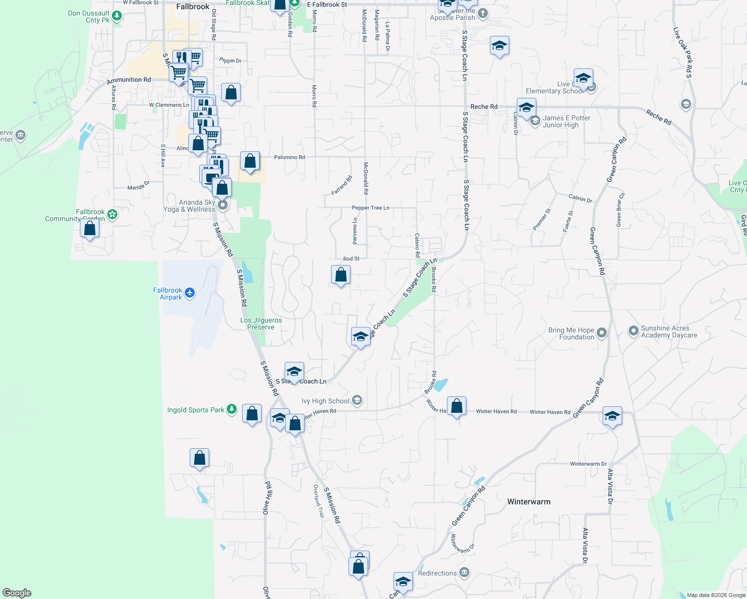 map of restaurants, bars, coffee shops, grocery stores, and more near 2102 Reineman Road in Fallbrook