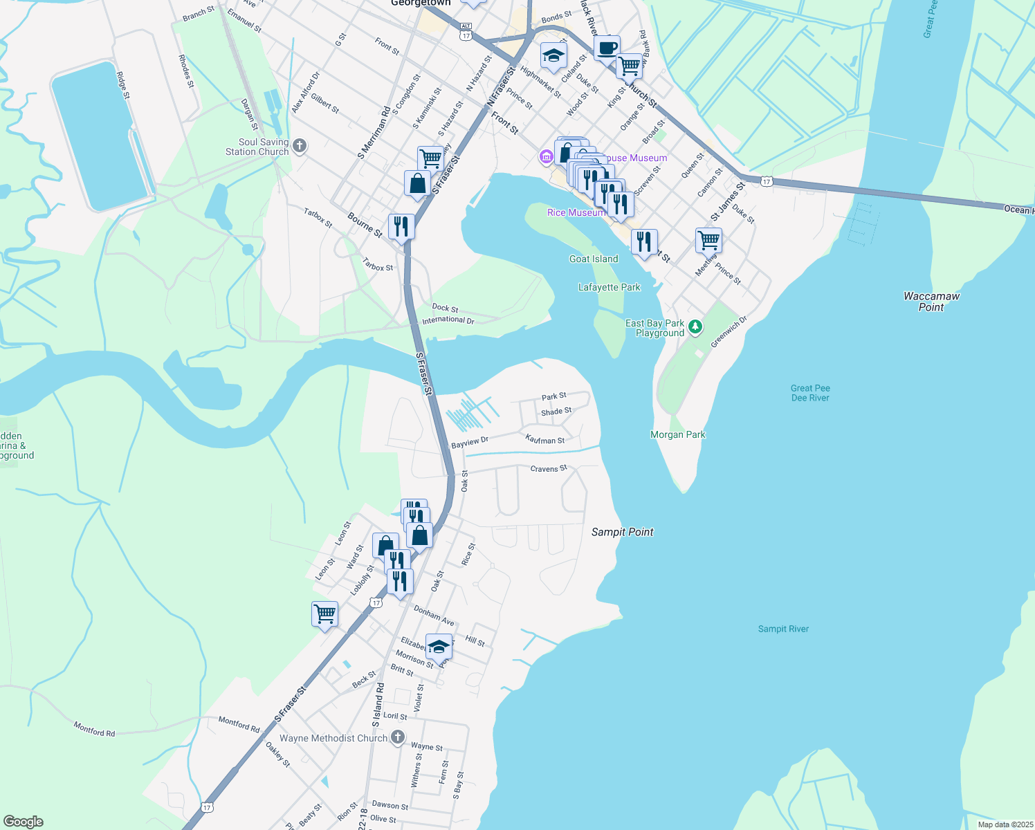 map of restaurants, bars, coffee shops, grocery stores, and more near 1360 Harbor Street in Georgetown