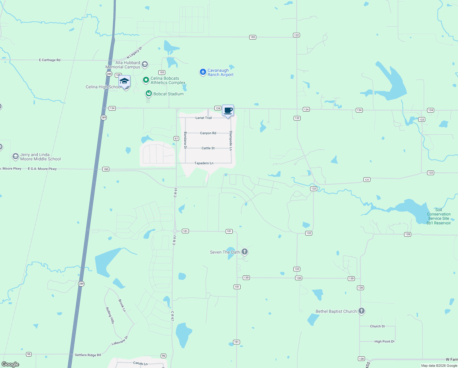 map of restaurants, bars, coffee shops, grocery stores, and more near 9298 Myrtle Dr in Celina