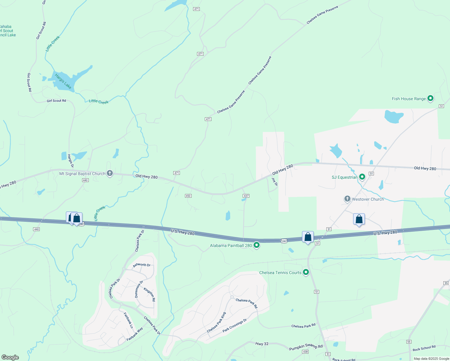 map of restaurants, bars, coffee shops, grocery stores, and more near 6508 Old Highway 280 in Sterrett