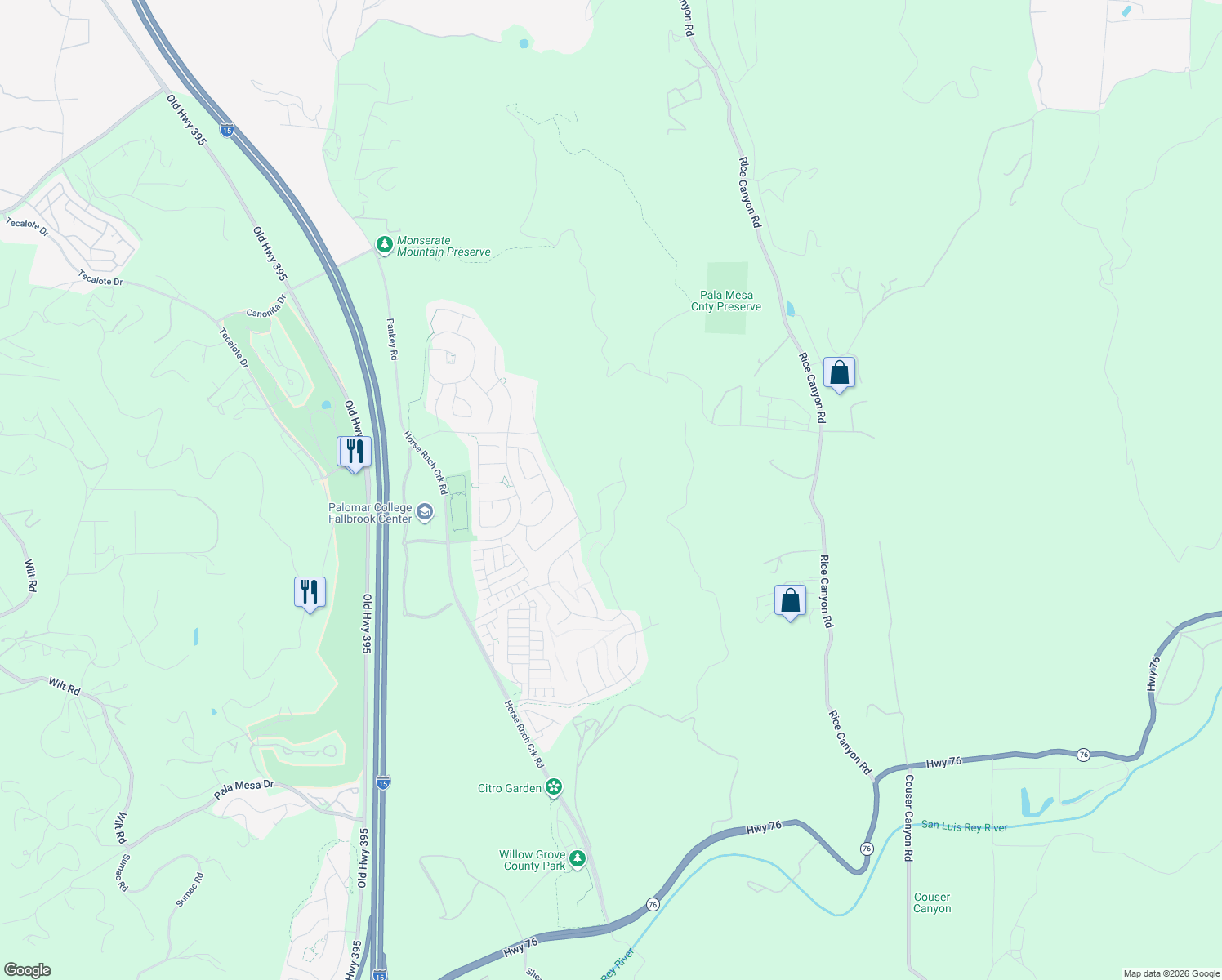 map of restaurants, bars, coffee shops, grocery stores, and more near 35555 Orchard Trails in Fallbrook