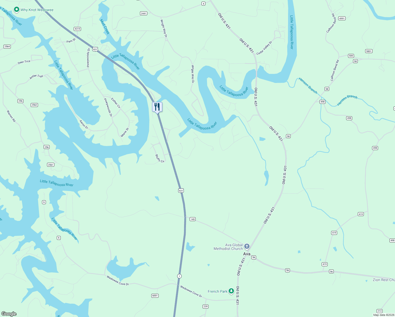 map of restaurants, bars, coffee shops, grocery stores, and more near 100 Canter Drive in Wedowee