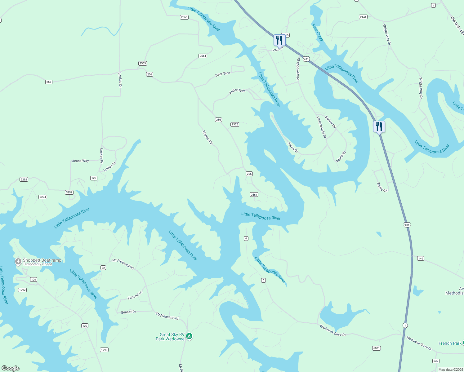 map of restaurants, bars, coffee shops, grocery stores, and more near 1912 County Road 256 in Wedowee