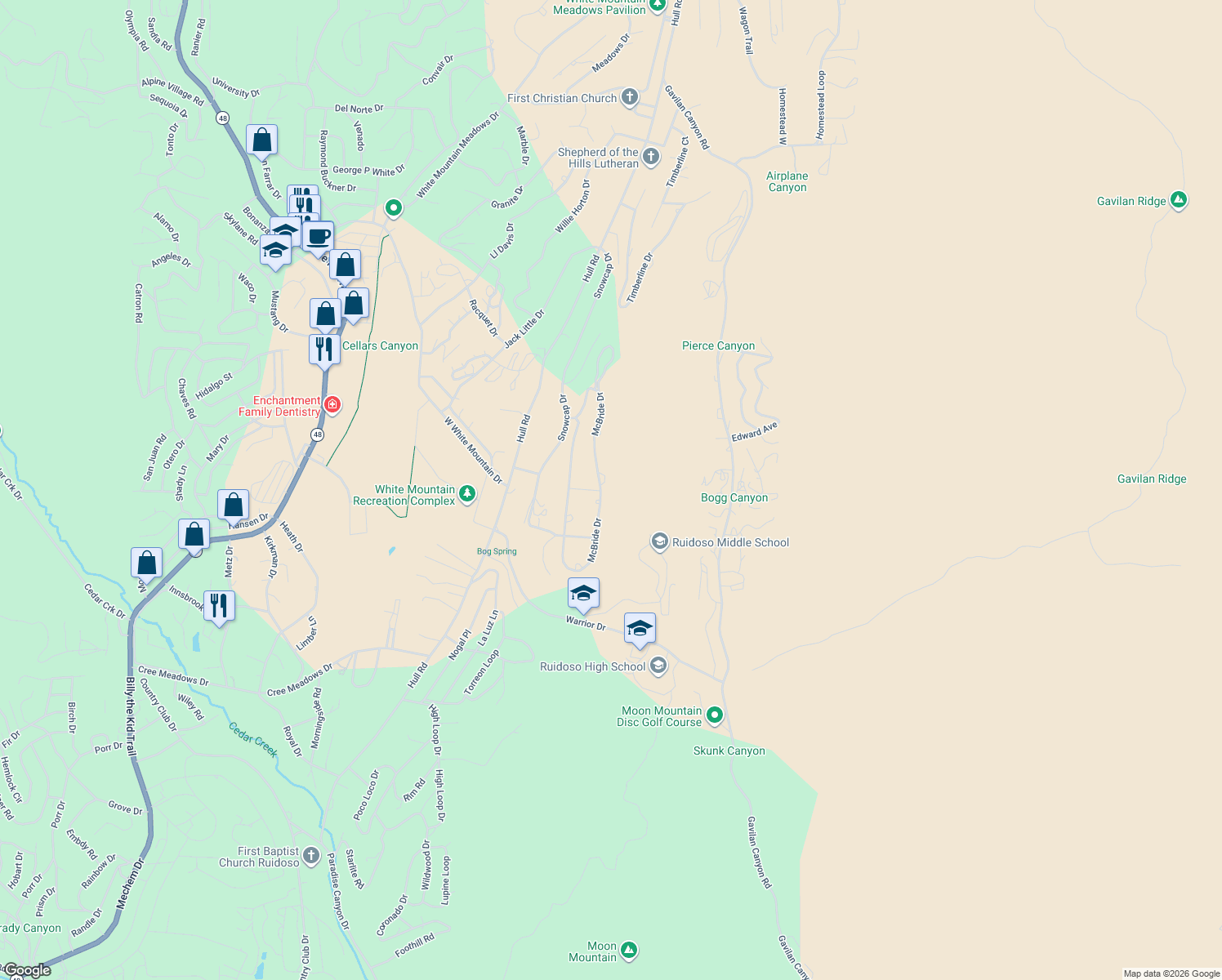 map of restaurants, bars, coffee shops, grocery stores, and more near 318 McBride Drive in Ruidoso