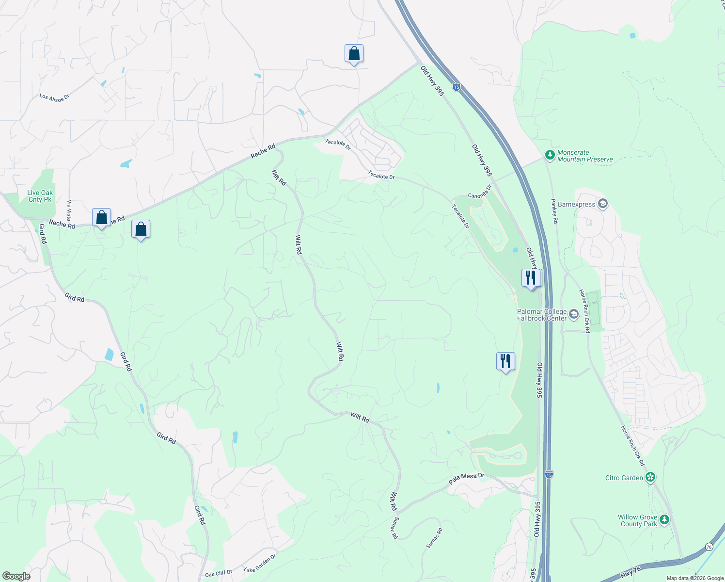 map of restaurants, bars, coffee shops, grocery stores, and more near 3993 Peony Drive in Fallbrook