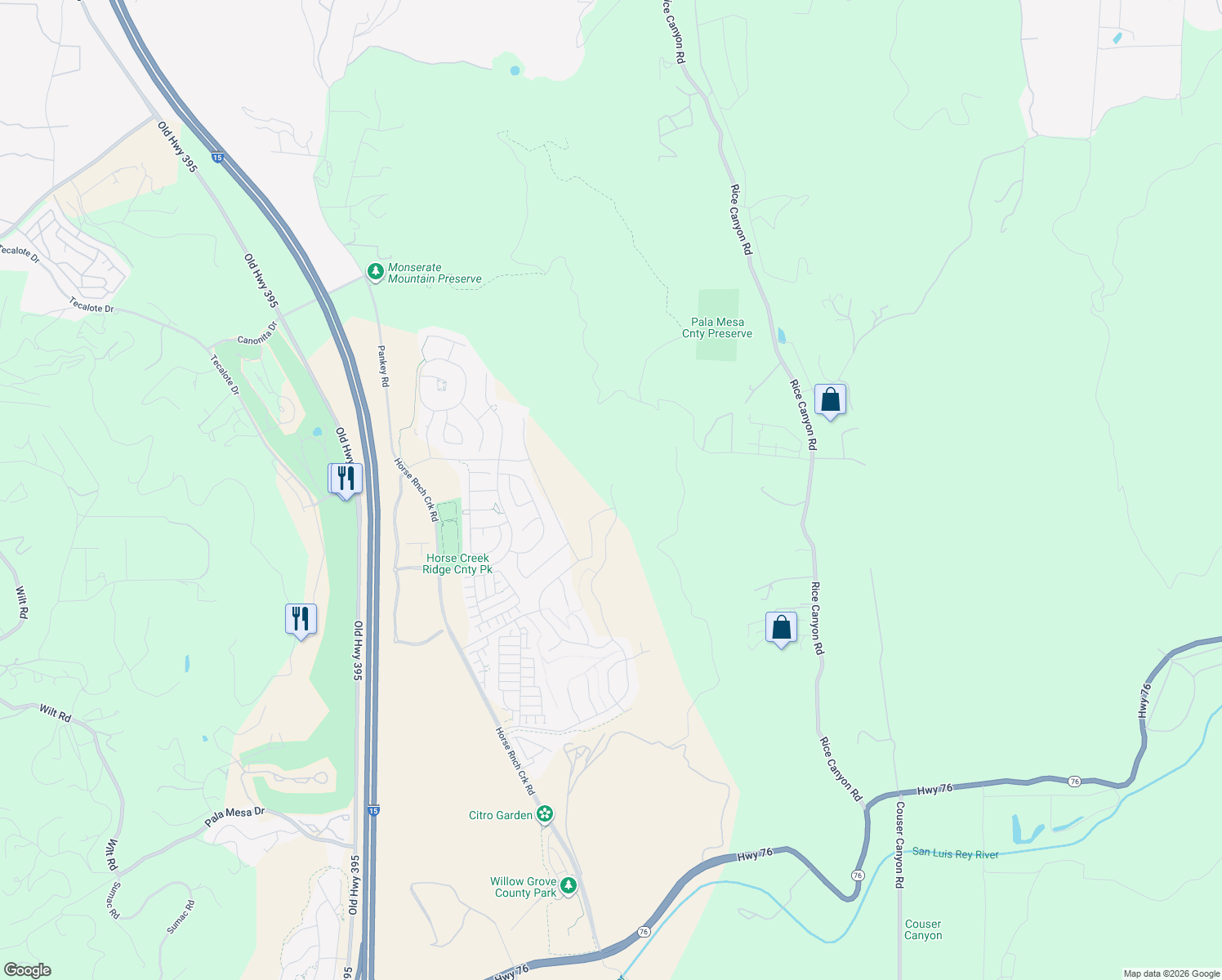 map of restaurants, bars, coffee shops, grocery stores, and more near 820 Meadowood Street in Fallbrook