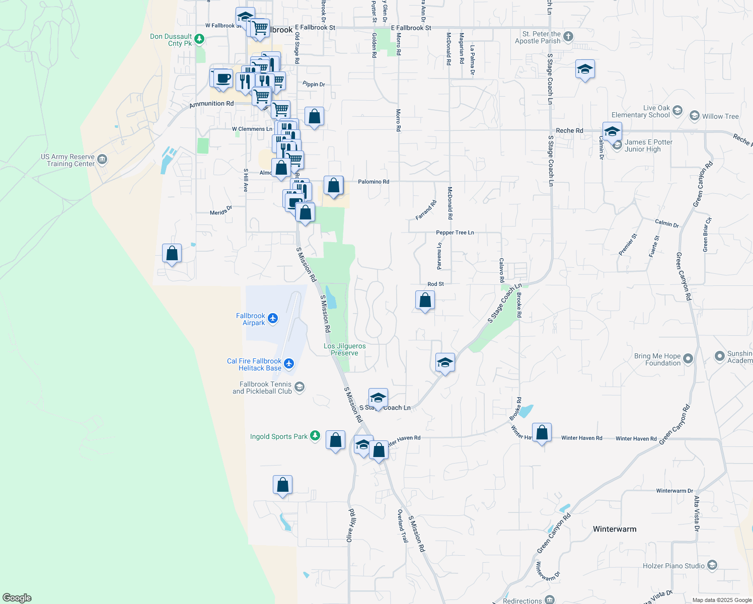 map of restaurants, bars, coffee shops, grocery stores, and more near 1093 Highland Park in Fallbrook