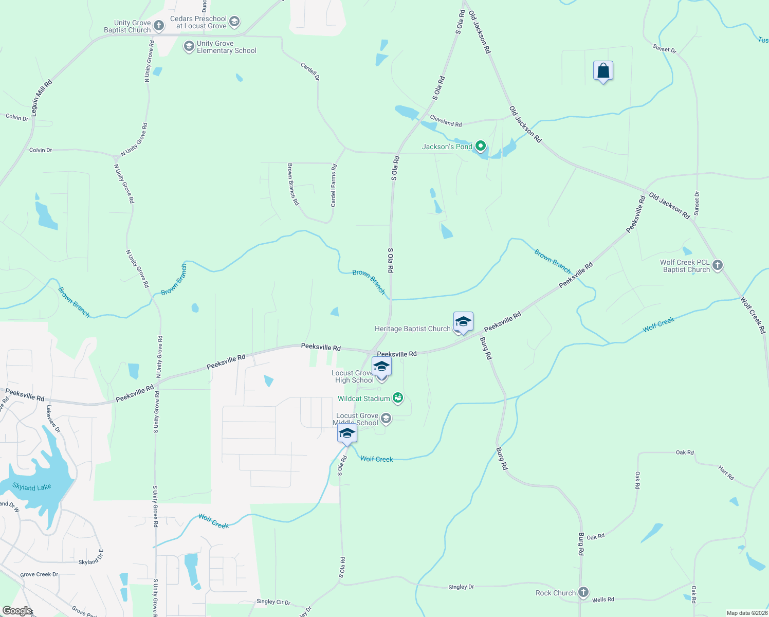 map of restaurants, bars, coffee shops, grocery stores, and more near 3034 S Ola Rd in Locust Grove