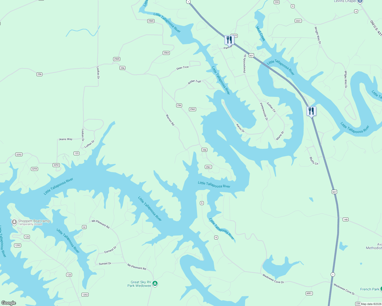 map of restaurants, bars, coffee shops, grocery stores, and more near 1912 County Road 256 in Wedowee