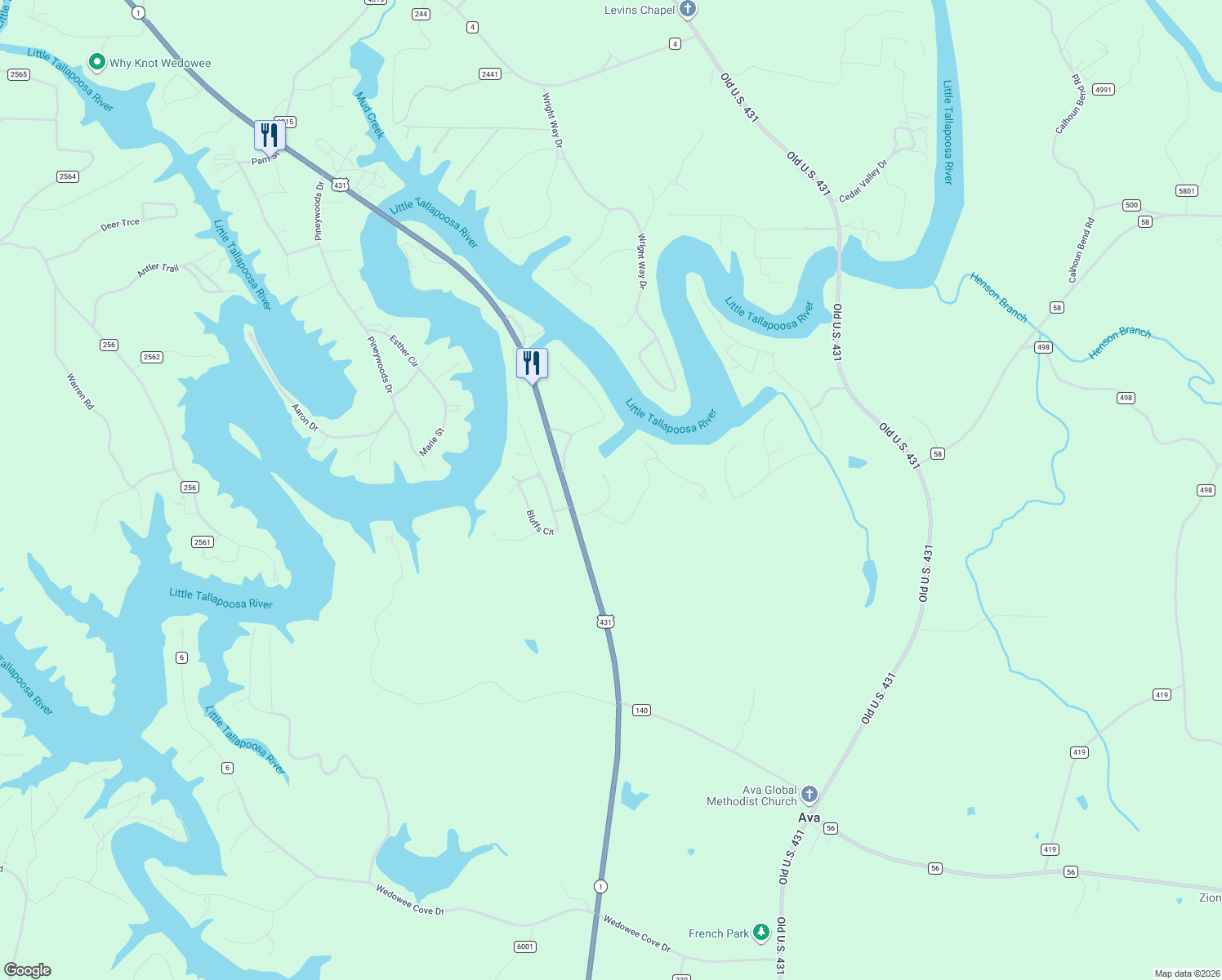 map of restaurants, bars, coffee shops, grocery stores, and more near 106 Robert's Circle in Wedowee
