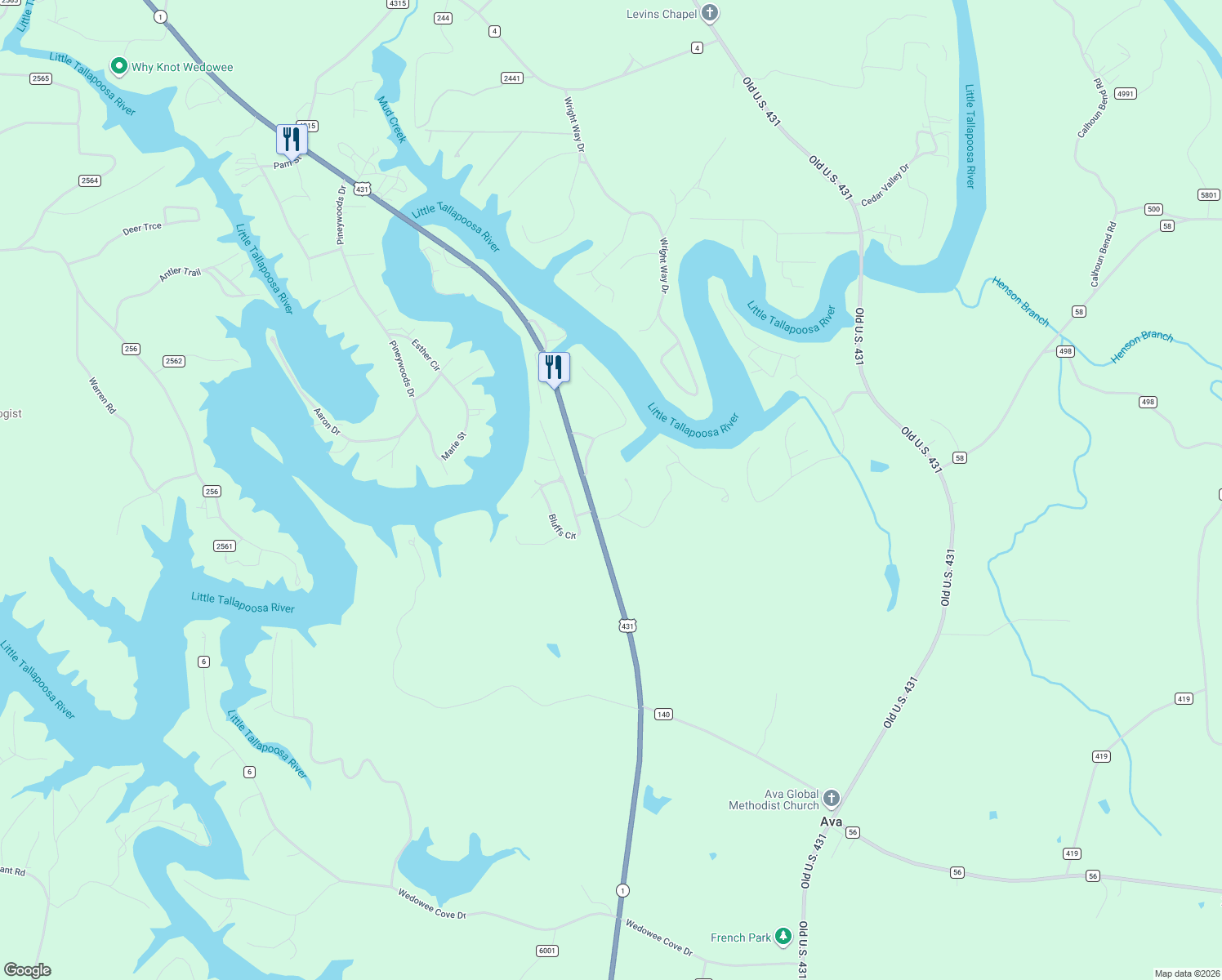 map of restaurants, bars, coffee shops, grocery stores, and more near 89 Robert's Circle in Wedowee