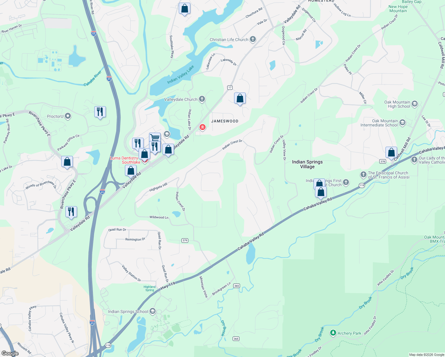 map of restaurants, bars, coffee shops, grocery stores, and more near 139 Willow Ridge Lane in Indian Springs Village