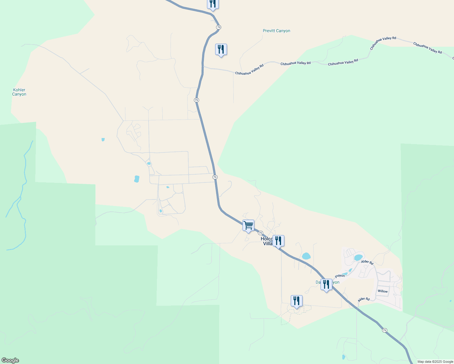 map of restaurants, bars, coffee shops, grocery stores, and more near 35471 California 79 in Warner Springs