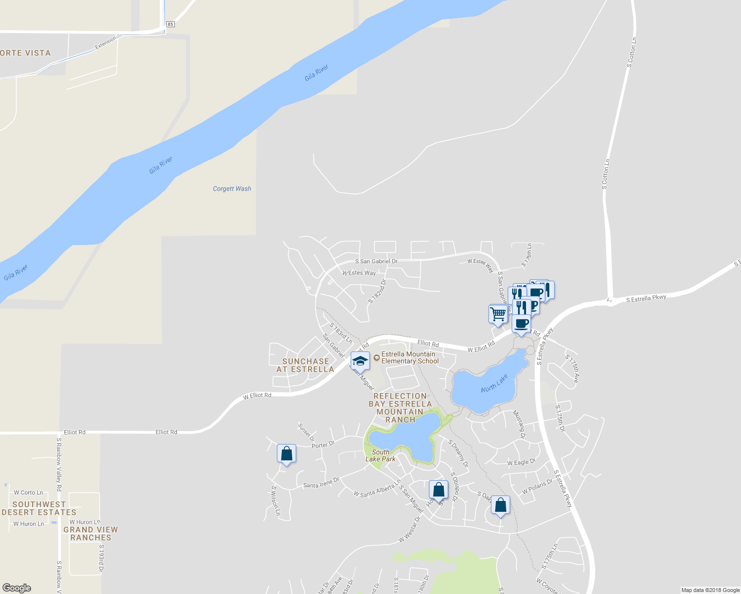 map of restaurants, bars, coffee shops, grocery stores, and more near 9712 South 182nd Drive in Goodyear