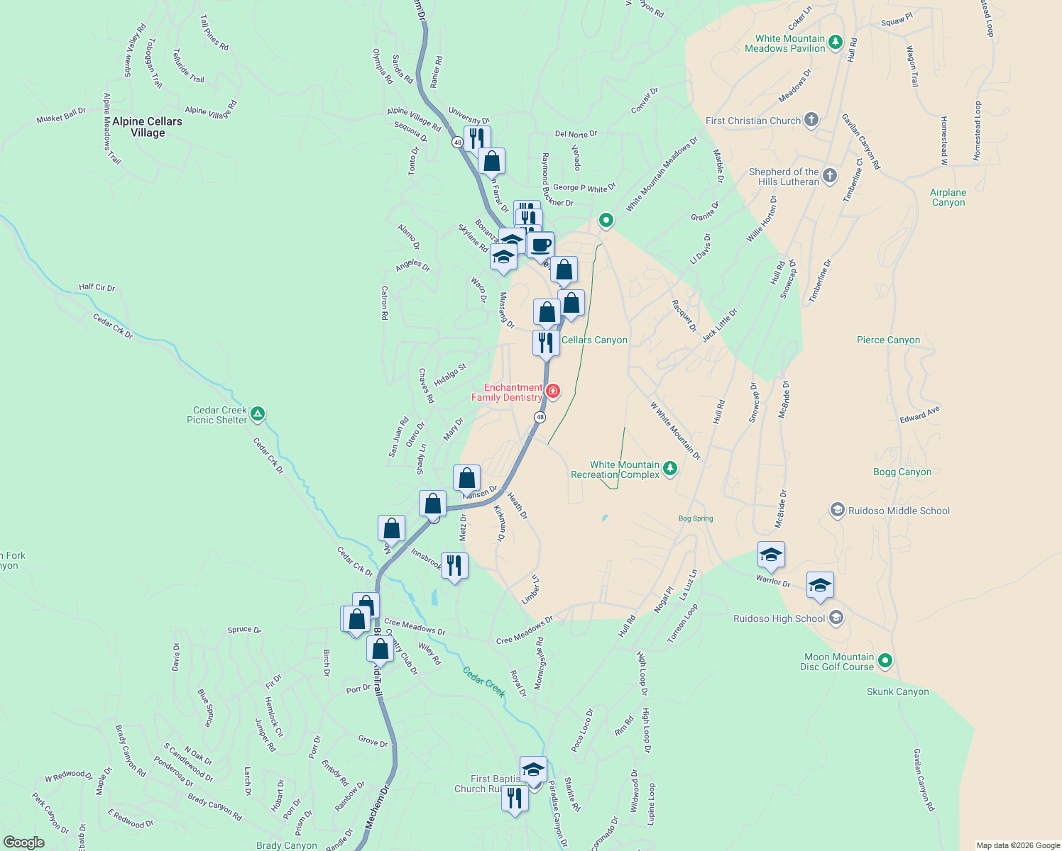map of restaurants, bars, coffee shops, grocery stores, and more near 1070 Mechem Drive in Ruidoso