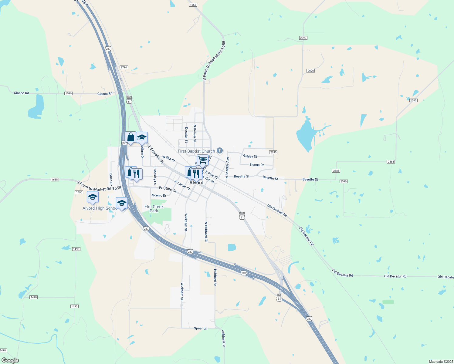 map of restaurants, bars, coffee shops, grocery stores, and more near 210 North Shankle Avenue in Alvord