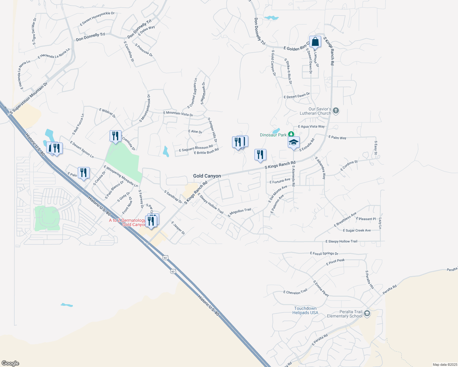 map of restaurants, bars, coffee shops, grocery stores, and more near 6224 South Avenida Del Sol in Gold Canyon
