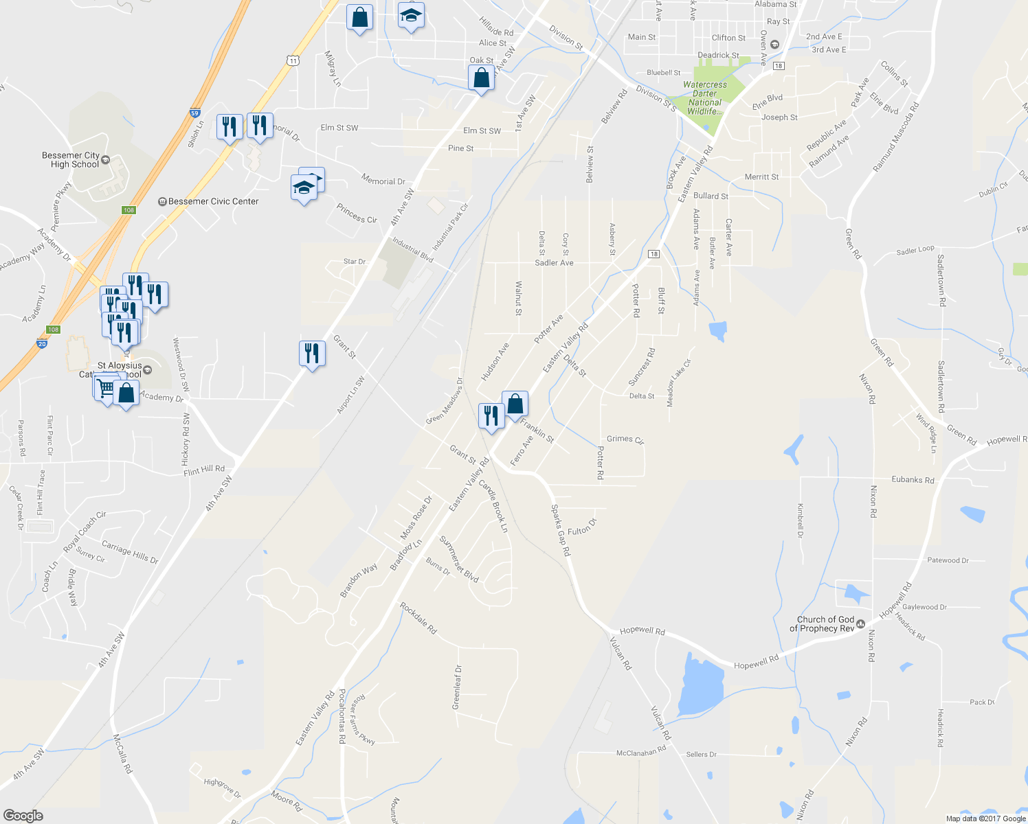 map of restaurants, bars, coffee shops, grocery stores, and more near 1230 Eastern Valley Road in Bessemer