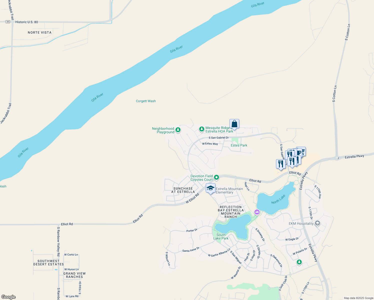 map of restaurants, bars, coffee shops, grocery stores, and more near 9501-9599 South San Gabriel Drive in Goodyear