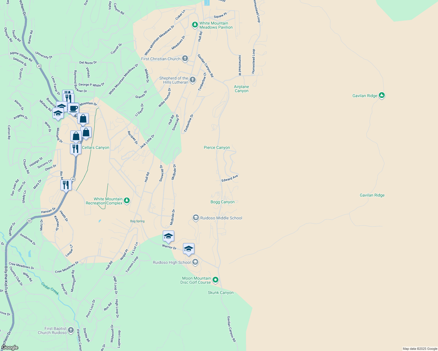 map of restaurants, bars, coffee shops, grocery stores, and more near Gavilan Canyon Road in Ruidoso