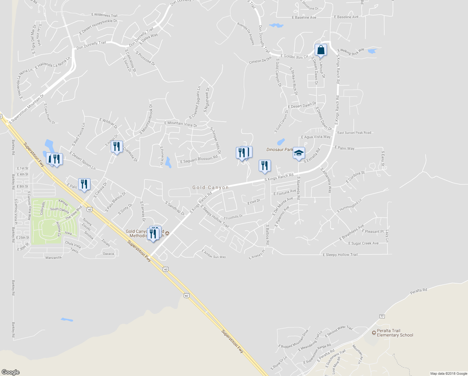map of restaurants, bars, coffee shops, grocery stores, and more near 6123 South Kings Ranch Road in Gold Canyon