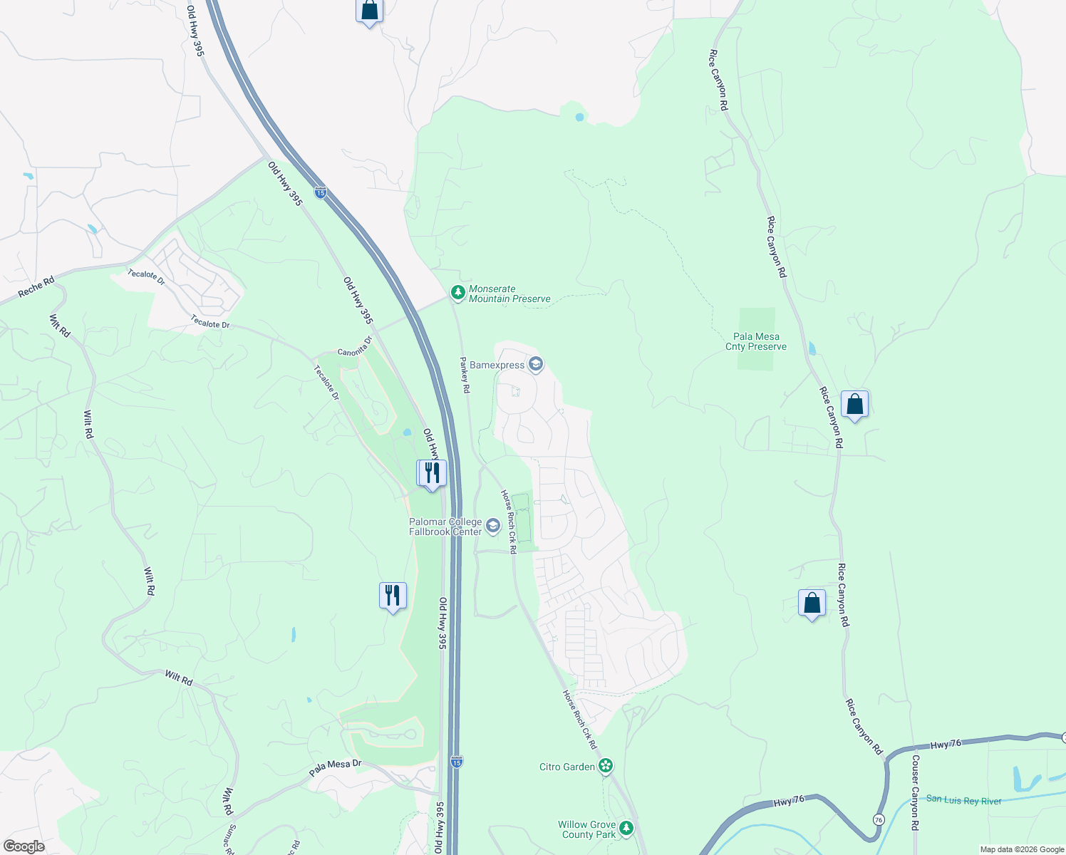 map of restaurants, bars, coffee shops, grocery stores, and more near 35887 Esperia Way in Fallbrook