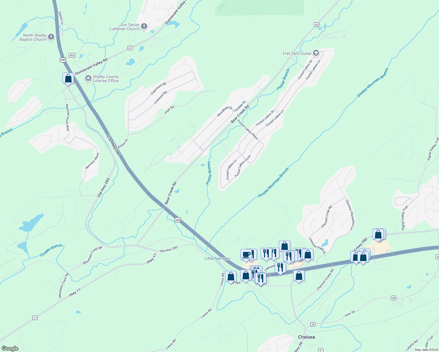 map of restaurants, bars, coffee shops, grocery stores, and more near 756 Forest Lakes Drive in Sterrett