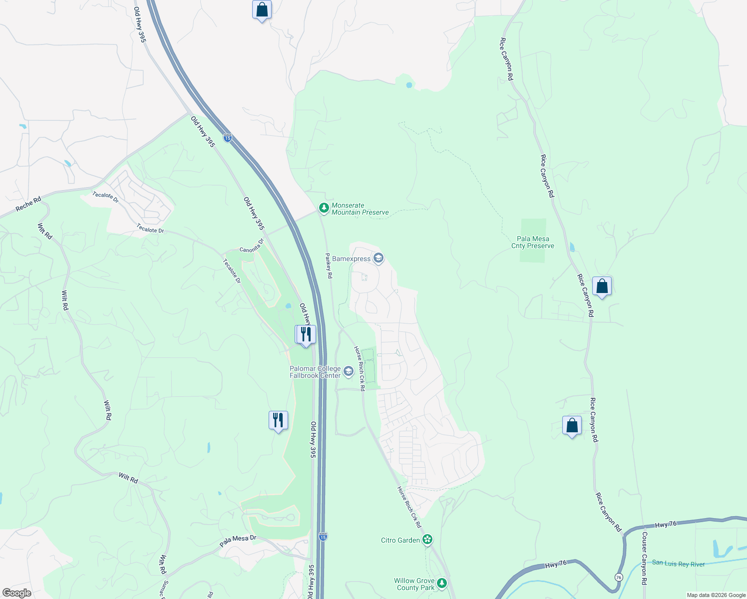 map of restaurants, bars, coffee shops, grocery stores, and more near 35887 Esperia Way in Fallbrook