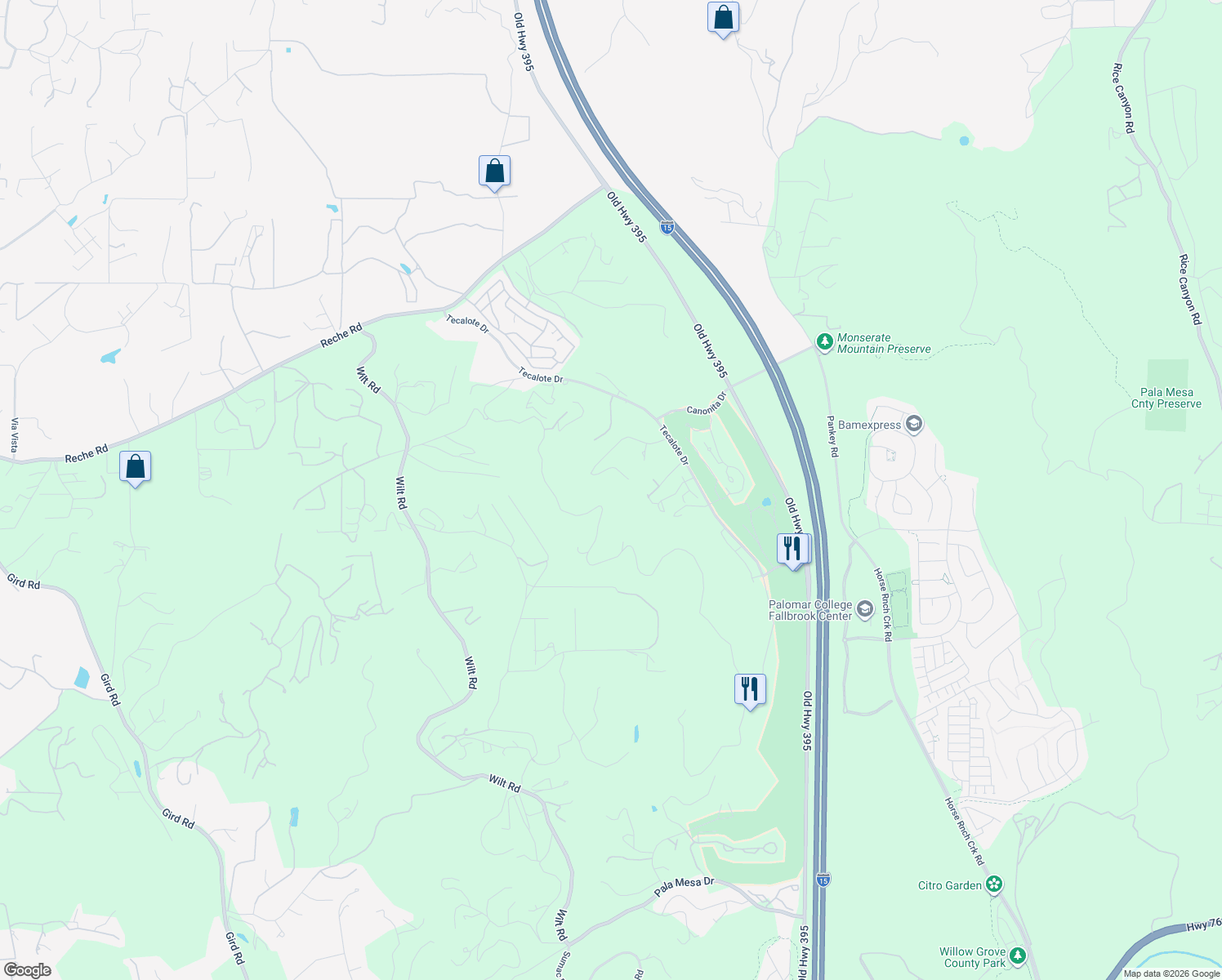 map of restaurants, bars, coffee shops, grocery stores, and more near 2125 Puerto Del Mundo in Fallbrook