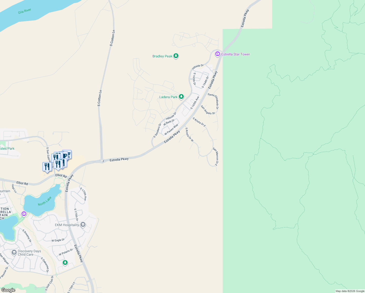 map of restaurants, bars, coffee shops, grocery stores, and more near 16681 West Santa Maria Drive in Goodyear