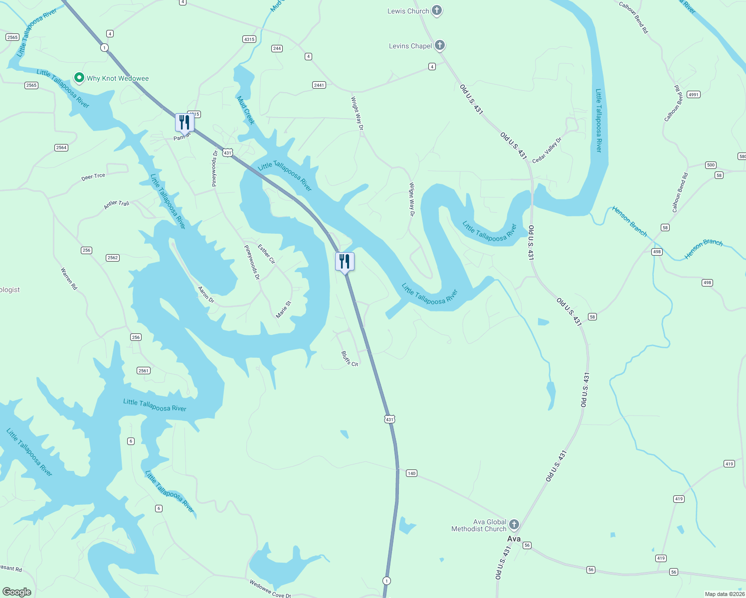 map of restaurants, bars, coffee shops, grocery stores, and more near 317 Lakeview Drive in Wedowee