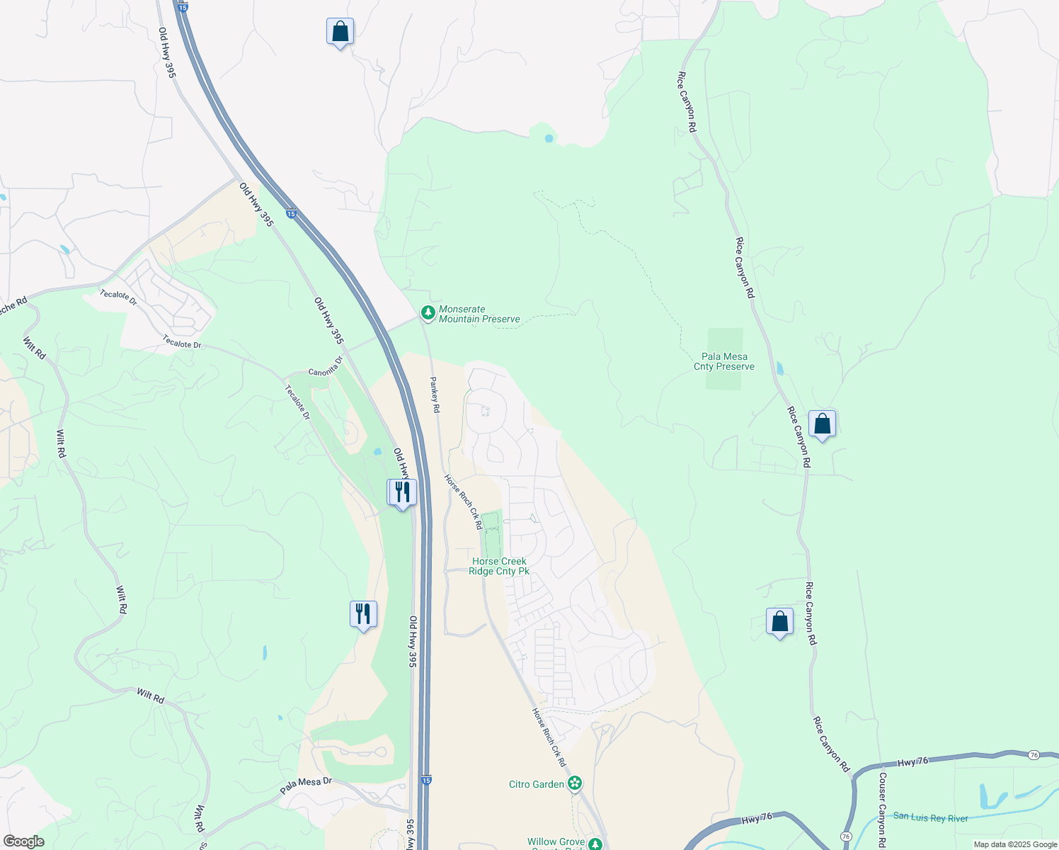 map of restaurants, bars, coffee shops, grocery stores, and more near Shetland Hills East in San Diego County