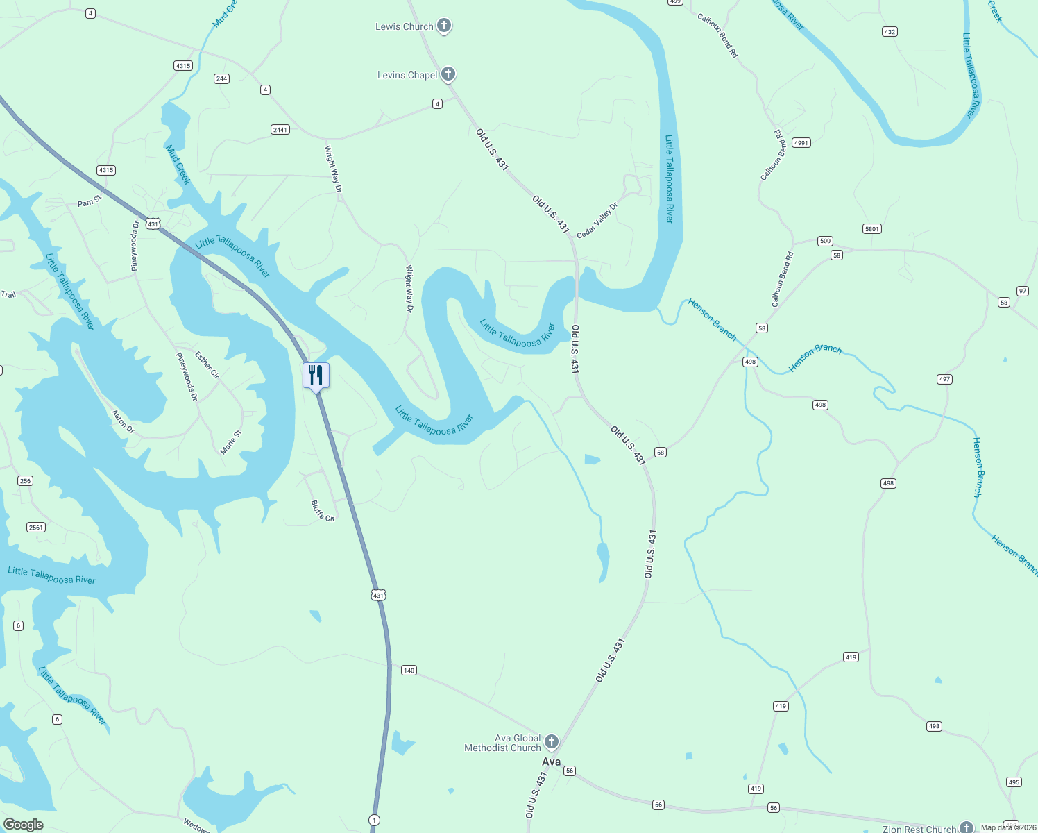 map of restaurants, bars, coffee shops, grocery stores, and more near 185 Hillcrest Court in Wedowee